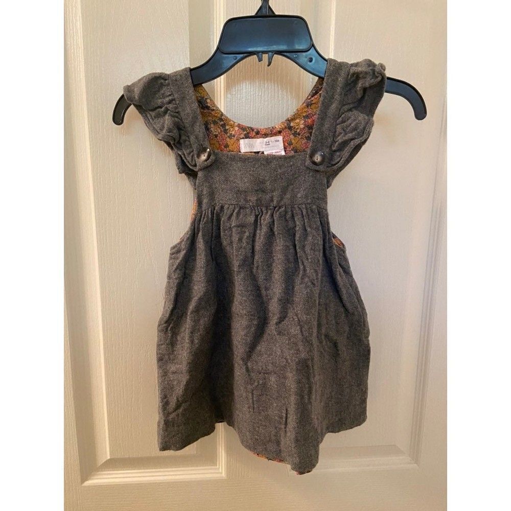 Zara Girls Buttoned Pinafore Dress Gray Ruffle Flannel Wool Blend Size 3-4 years